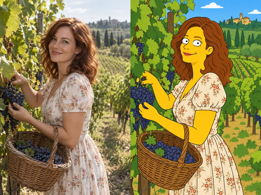 Woman picking grapes in a vineyard turned into a yellow cartoon sitcom character