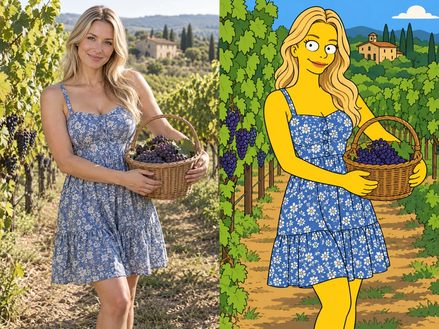 Blonde woman in a blue floral sundress Simpsonized in a vineyard