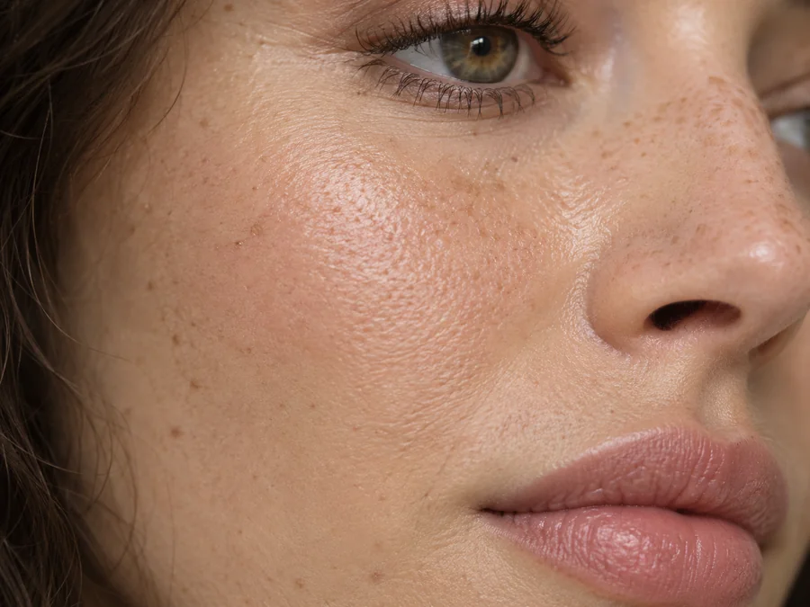 Close-up of a cheek and lips with natural skin texture and freckles preserved after a tone edit