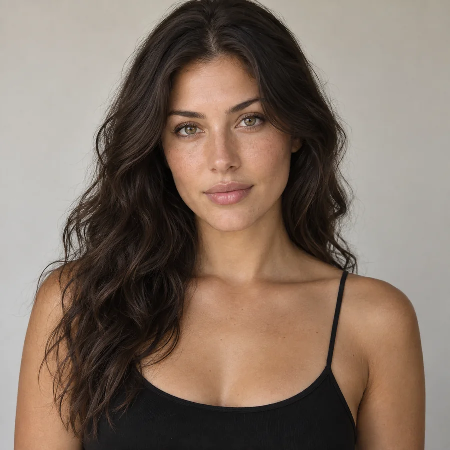 Portrait of a woman with a natural sun-kissed tan created from a custom tone description