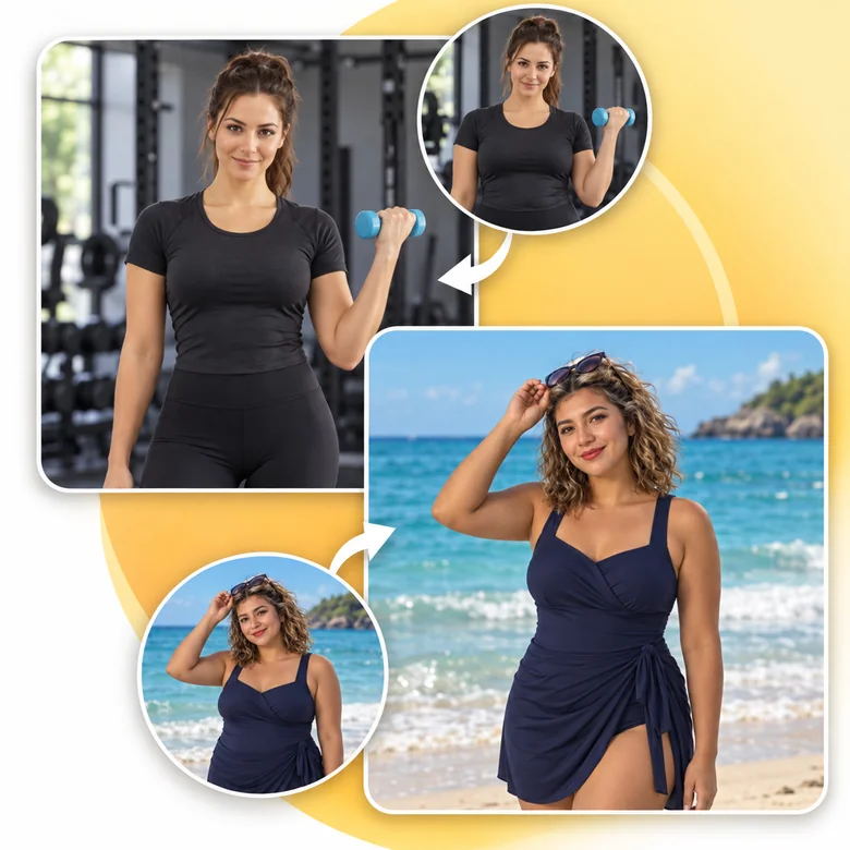 Fitness and beach photos shown before and after body slimming