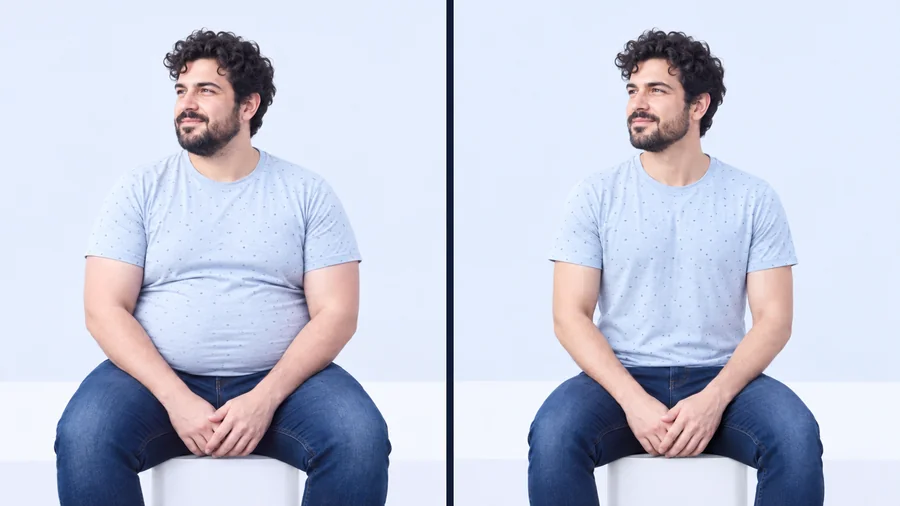 Seated man before and after an AI skinny filter, same face and T-shirt