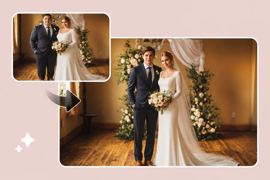 Wedding couple photo before and after a subtle slimming edit