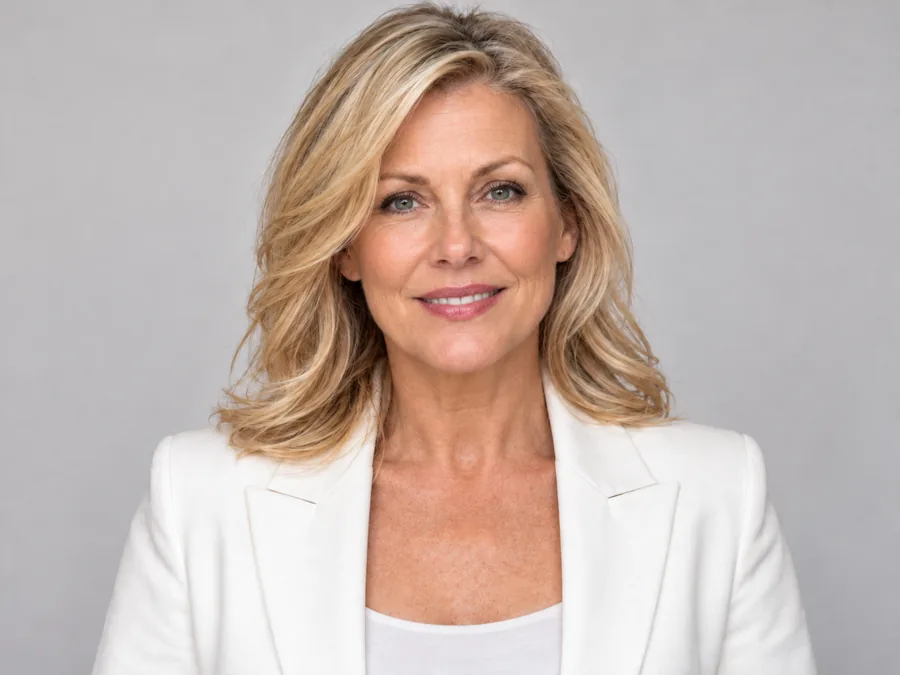 Drag to compare the serious portrait in a white blazer and the warm smile (after)