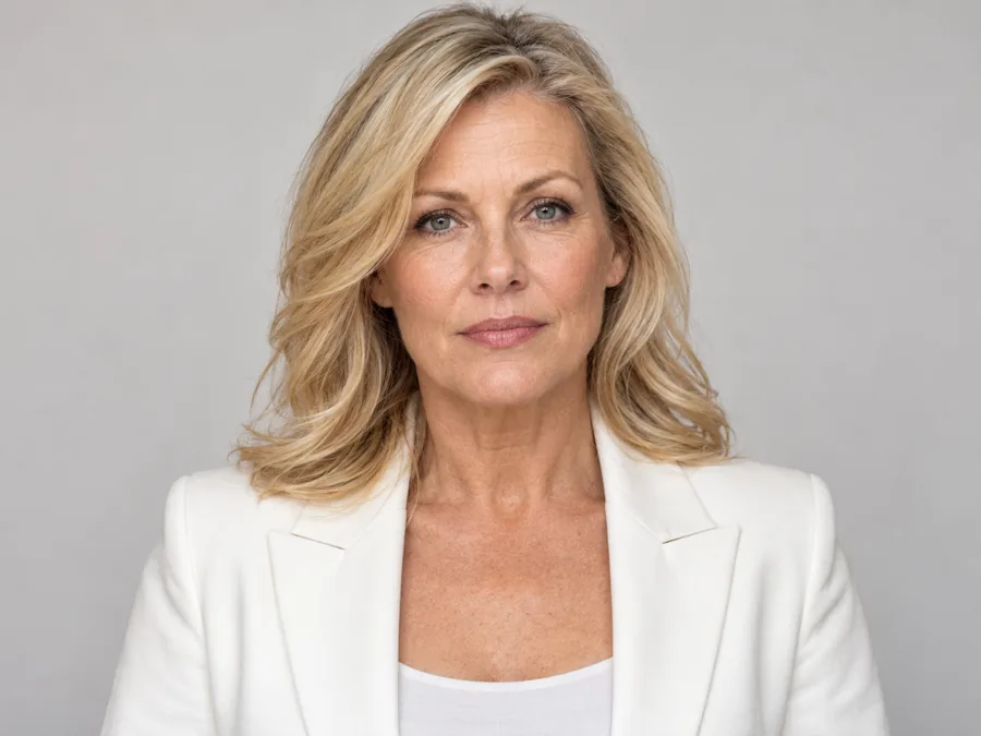 Drag to compare the serious portrait in a white blazer and the warm smile (before)