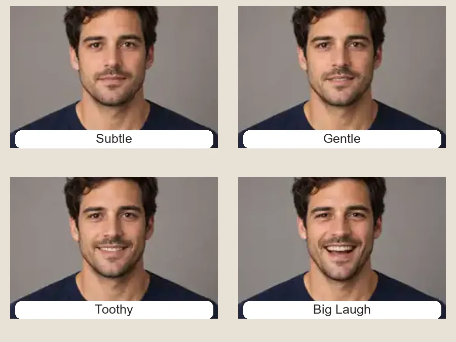 The same woman with a subtle, gentle, toothy and laughing smile made by the smile filter