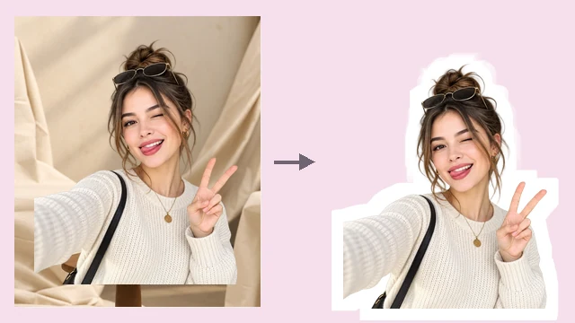 Selfie of a smiling woman turned into a white-outline sticker