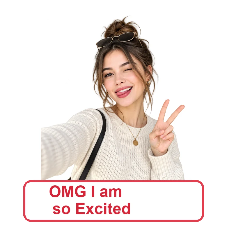 Excited woman cutout sticker with a red caption that reads OMG I am so excited
