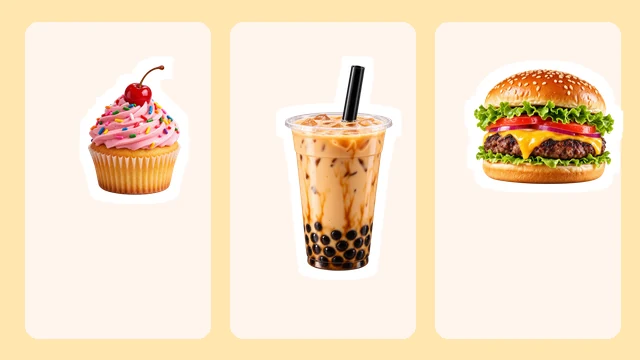 Cupcake, bubble tea, and burger photos turned into food stickers