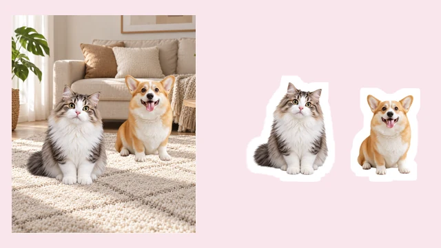 A cat and a dog photo turned into two die-cut pet stickers