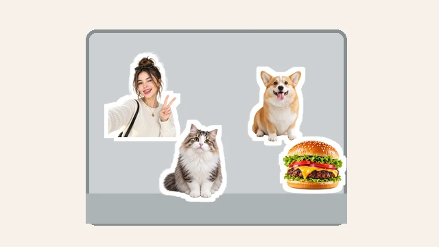Custom photo stickers of friends, pets, and travel spots on a phone, laptop, and bottle
