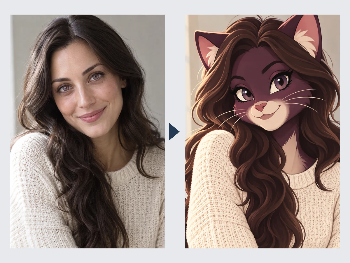 A selfie of a dark-haired woman next to an original Sonic-style cat OC with long dark hair