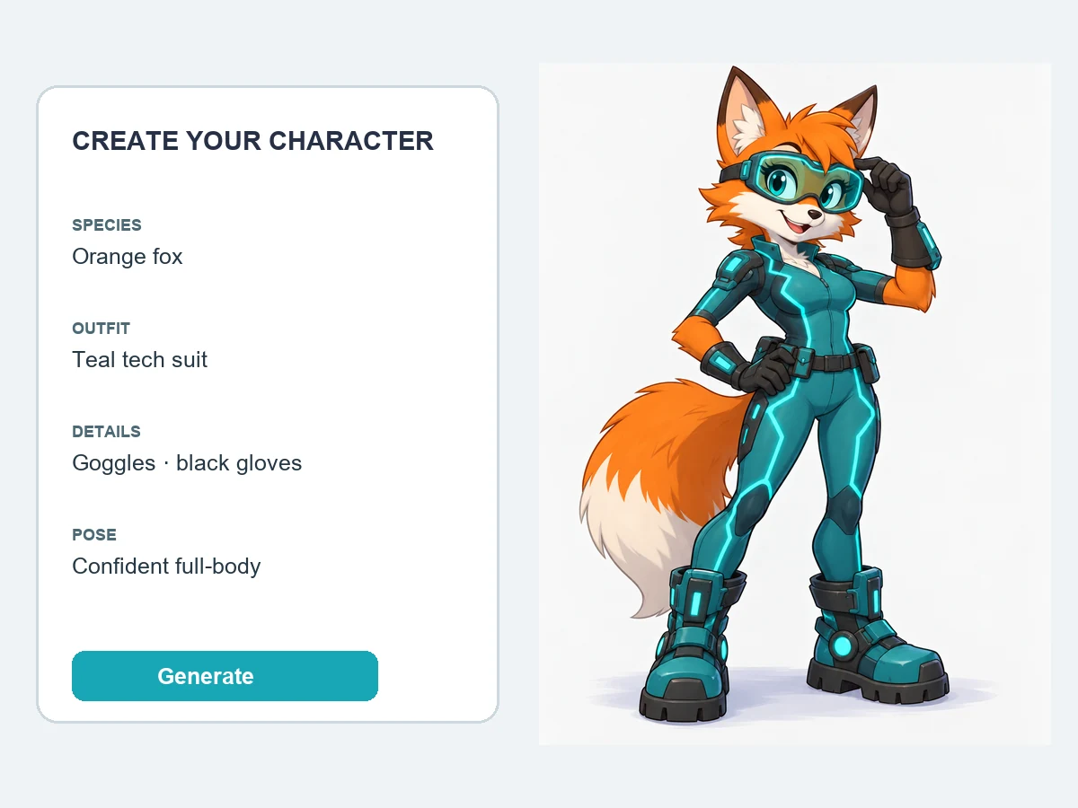 A written OC description next to the orange fox engineer the Sonic OC generator drew from it