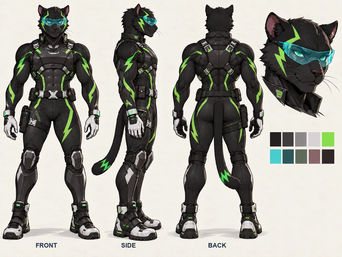 Sonic OC reference sheet with front and back views, an expression close-up, and a color palette