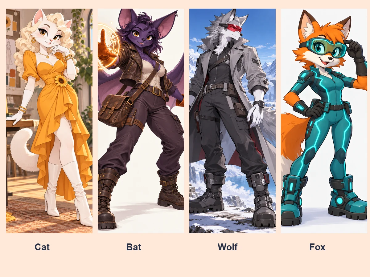 Lineup of four original Sonic-style OCs: a cat, a bat, a wolf, and a fox