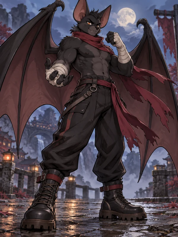 Original black bat Sonic OC with a maroon scarf and spread wings in a fighting stance