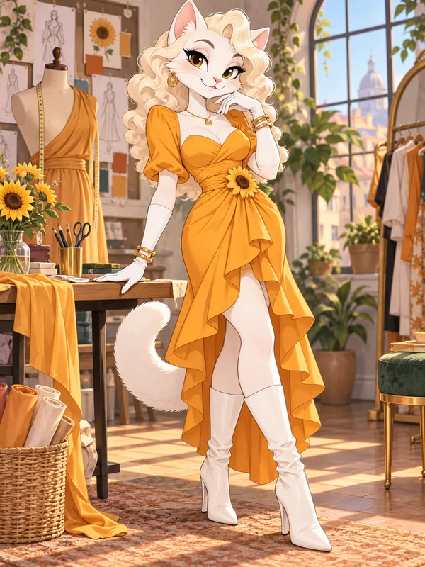 Original white cat Sonic OC with curly cream hair and an orange sunflower dress