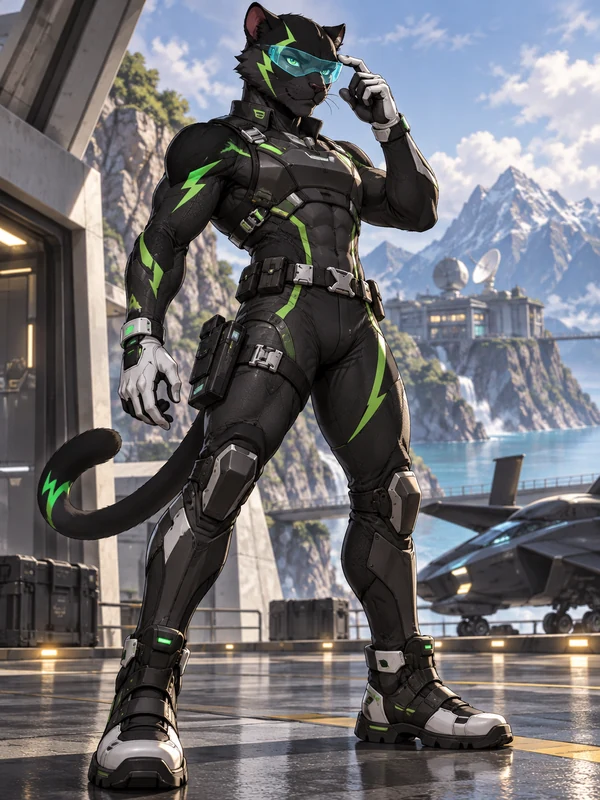 Original black panther OC in an armored suit with neon green lightning markings and a cyan visor