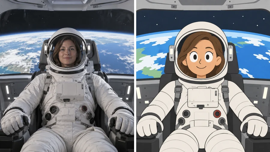 Astronaut photo in a spaceship cockpit next to a round-headed cutout cartoon astronaut
