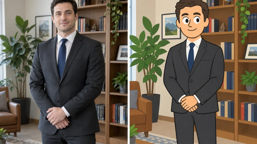 Office headshot turned into a grown-up cutout character with a suit, tie, and clasped hands