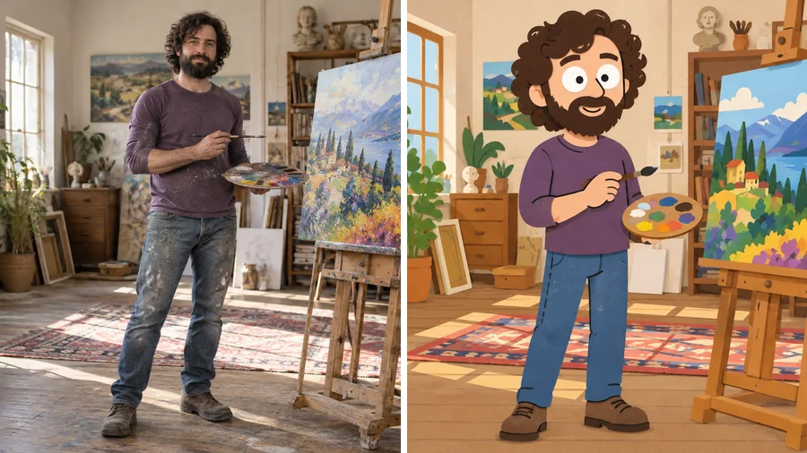 Bearded painter photo next to his South Park-style cutout version in the same studio