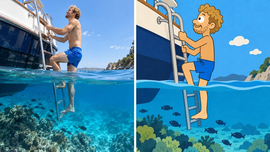 Curly-haired swimmer climbing a boat ladder, redrawn as a cutout cartoon over a paper-cut reef