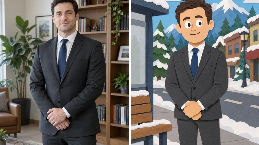 Office photo of a man in a suit next to his paper-craft cutout version standing in a snowy mountain town with a bus stop