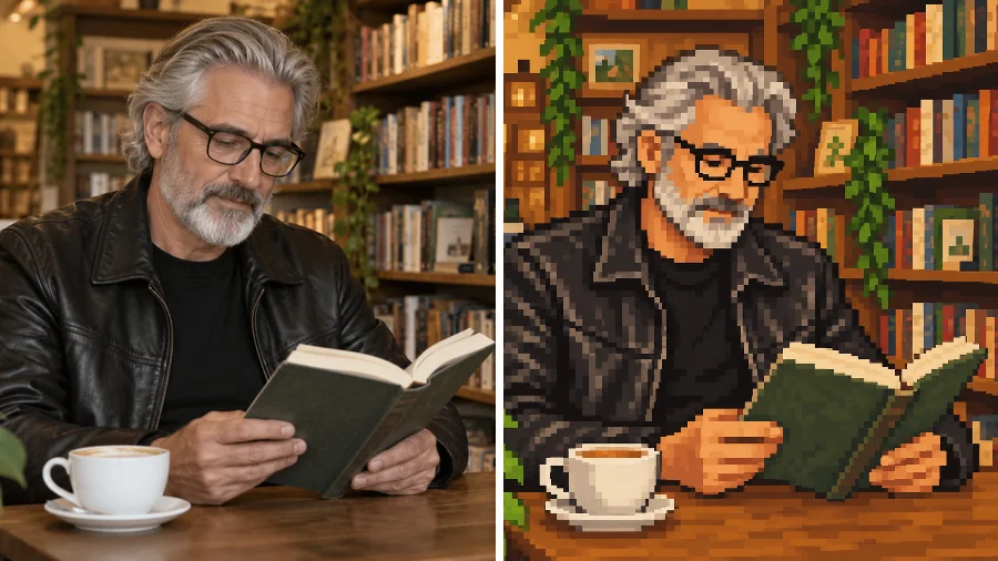 Older man reading with coffee in a bookshop, redrawn as a cozy pixel character in a wooden cafe