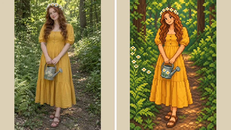 Woman with a sunflower crown in a forest, redrawn as a full-body pixel character among pixel trees