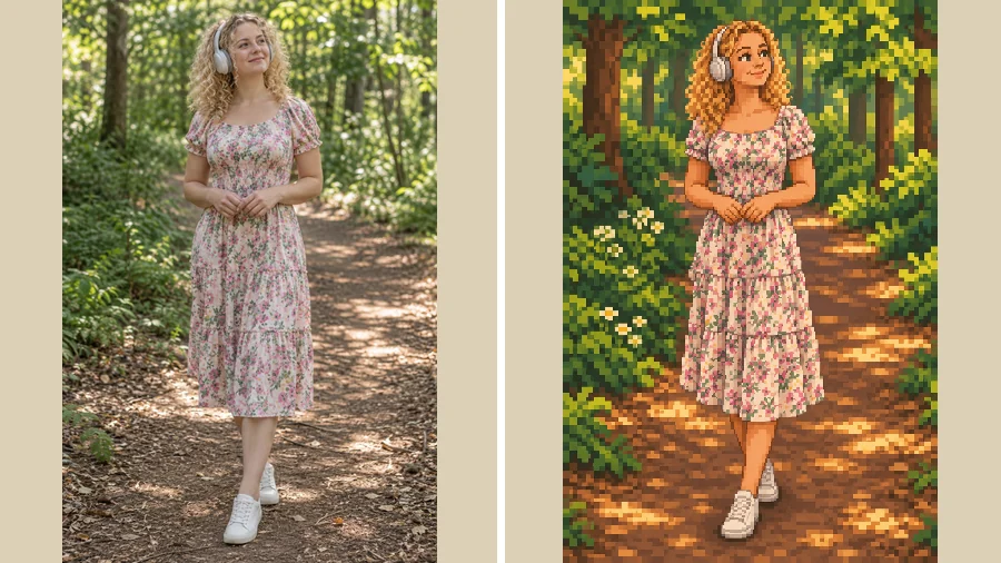 Woman with headphones and a floral dress turned into a pixel avatar in a forest