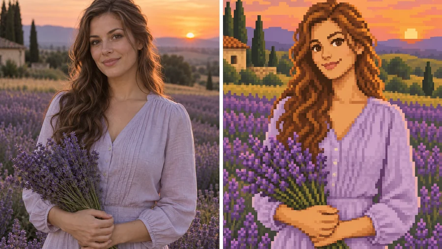 Woman holding lavender in a field next to her pixel-art portrait at sunset