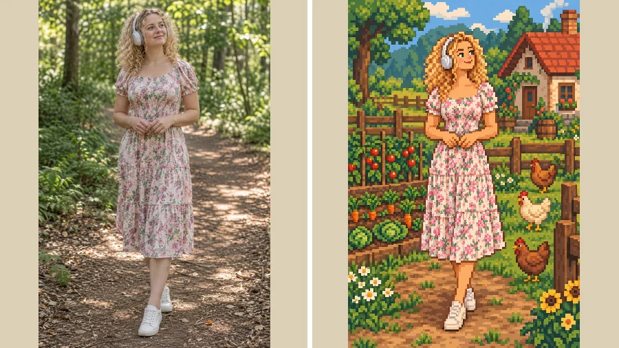 Forest photo moved into a pixel farm scene with a wooden fence, chickens, and crop rows