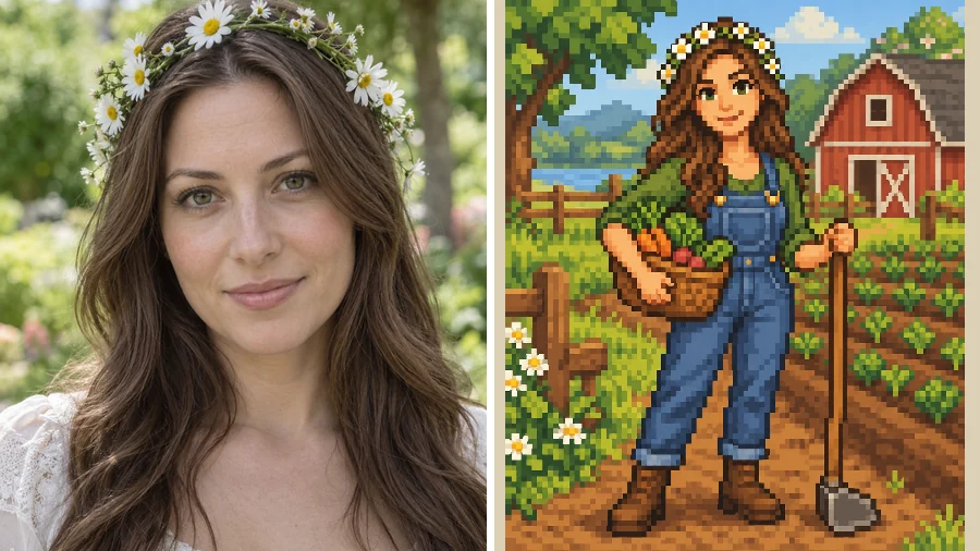 Headshot of a woman turned into a pixel farmer in overalls holding a hoe and a vegetable basket by a barn
