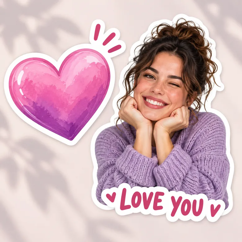 Heart shaped stickers and a photo sticker with a pink caption