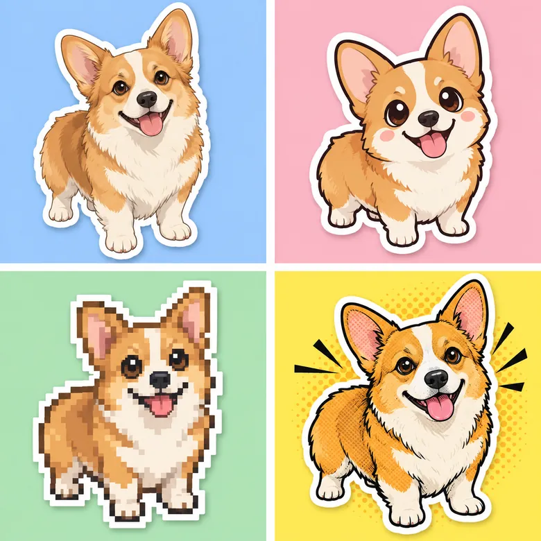 One dog photo turned into anime, chibi, pixel art, and comic stickers