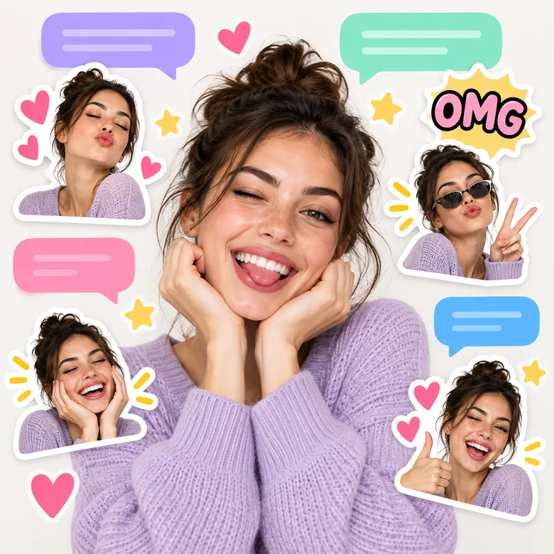 Woman surrounded by chat app icons with an OMG sticker