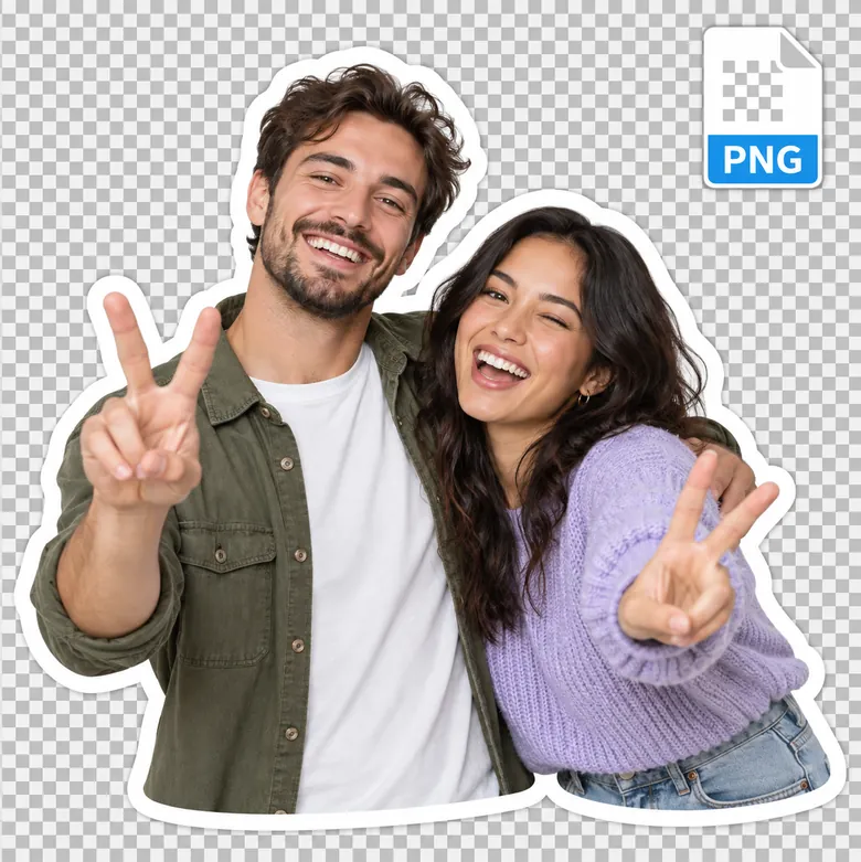 Two friends cut out from a photo as a transparent PNG sticker with a white outline