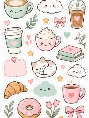 Sheet of cute pastel coffee cup and cloud stickers