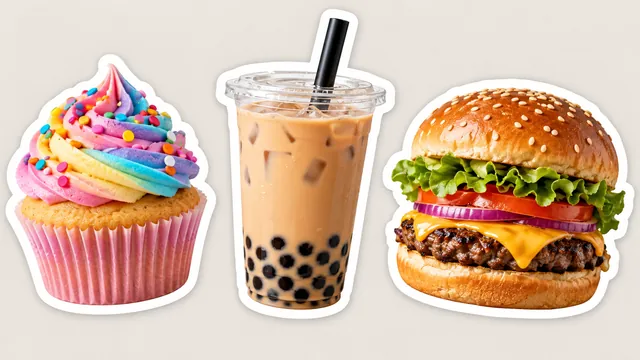 Food photos turned into stickers of a cupcake, bubble tea, and a burger