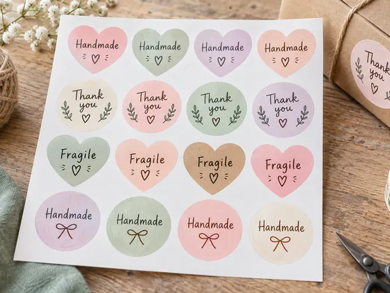 Heart and circle shaped labels reading Handmade, Thank you, and Fragile