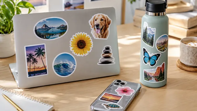 Custom photo stickers on a laptop, phone, and water bottle