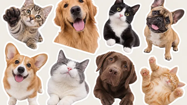 Pet photos turned into cat and dog stickers with white borders