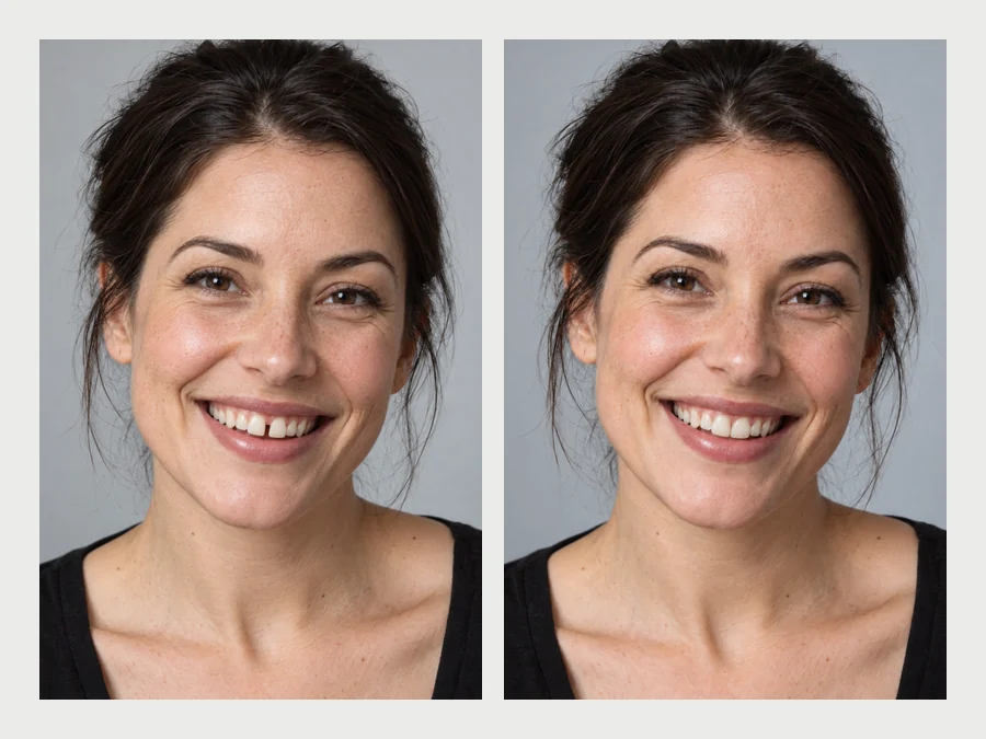 Woman smiling before and after a preview of straighter teeth