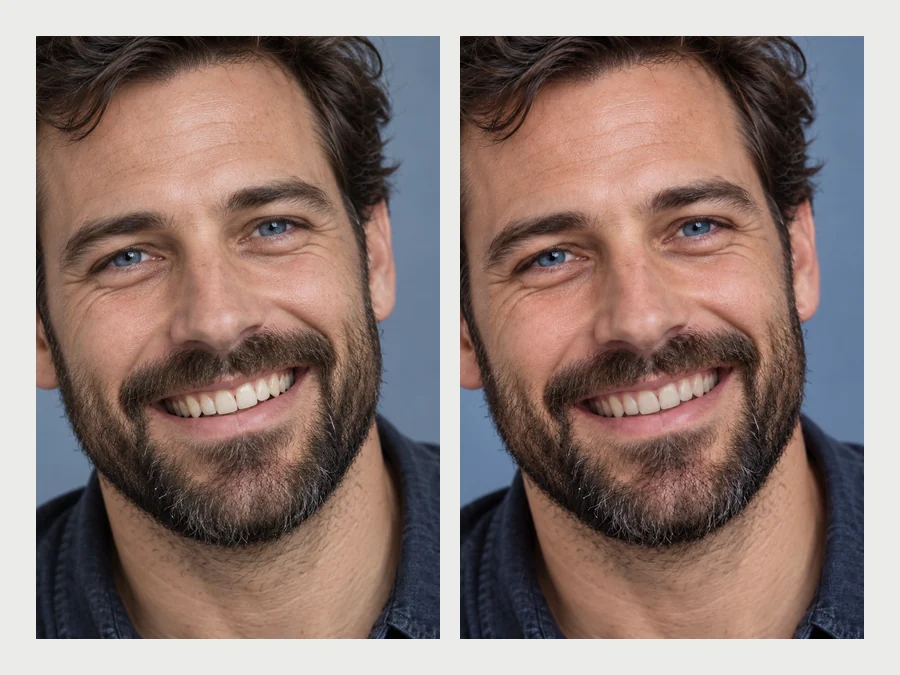 Bearded man smiling, before and after his uneven teeth were aligned