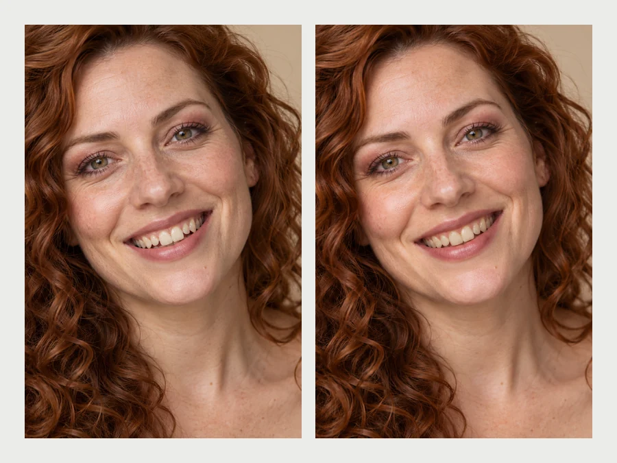 Laughing woman with curly hair before and after her crooked teeth were straightened