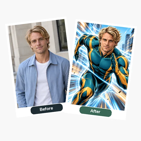 Blond man photo next to his comic-style super speed hero version in a blue suit