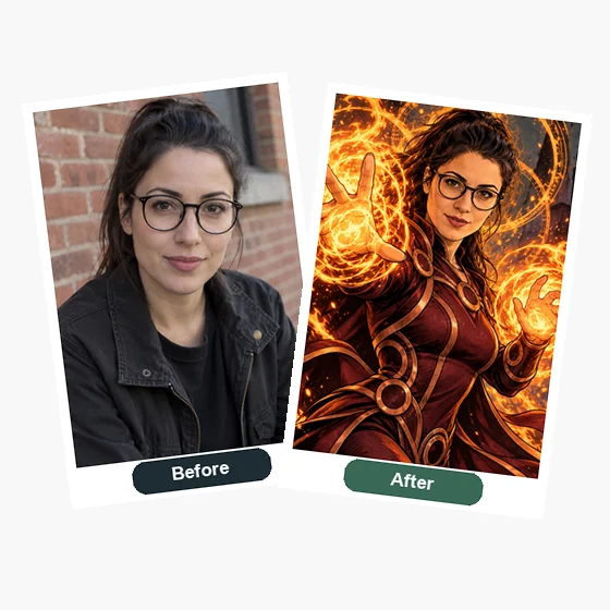 Photo of a woman with glasses next to her comic-style fire hero version with the same face