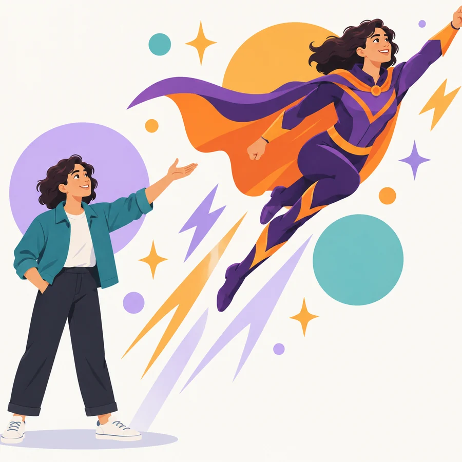 Illustration of a person transforming into a caped superhero with floating creative icons