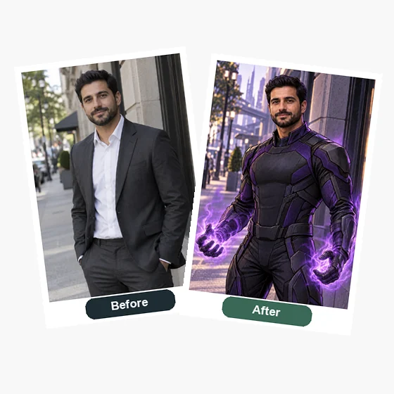 Man in a business suit next to his comic-style hero version with purple energy blasts