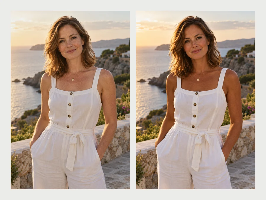 Woman in a white jumpsuit by the sea before and after a golden beach tan